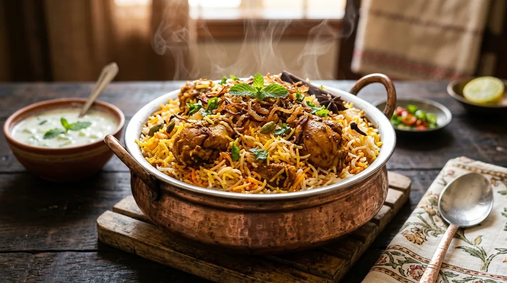 Chicken biryani in a serving pot, ready for a corporate office lunch